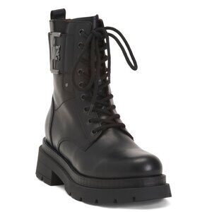 NEROGIARDINI Black Made In Italy Leather Logo Plate Lace Up Booties